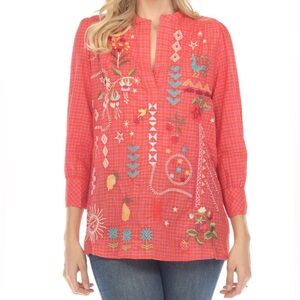 Johnny Was Workshop Plaid Lyonne Henley Shift Tunic Top Boho Chic